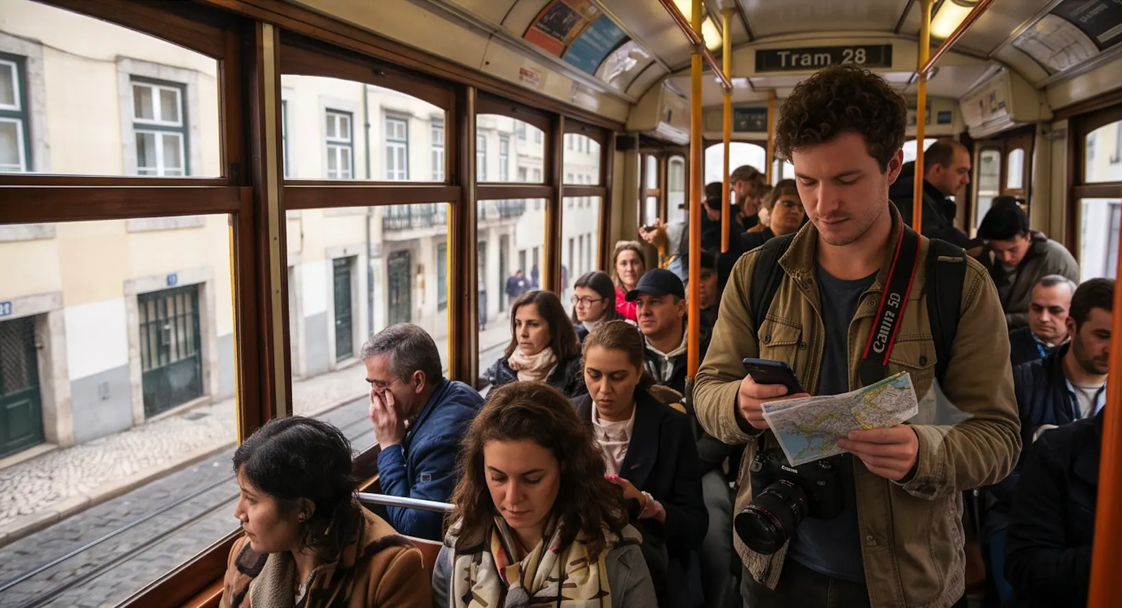 A complex subway map and a train arriving at a bustling station